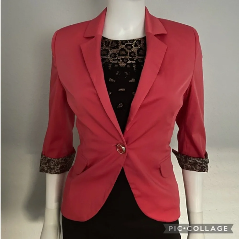 NEW WOMEN BLAZER SINGLE-BREASTED JACKET 3/4 SLEEVES LINED NOTCHED COLLAR CORAL‎